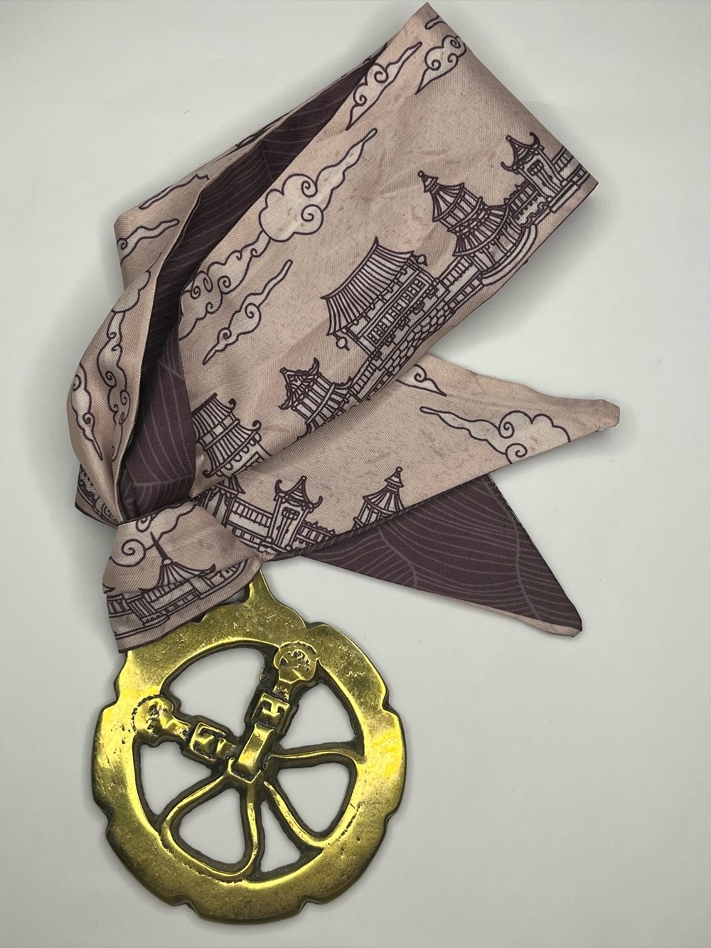 Antique Brass Horse Medallion on Twilly Scarf - Statement Necklace or Bag Charm